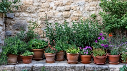 Terracotta pots filled with flowers and herbs arranged neatly in a garden beside a stone wall