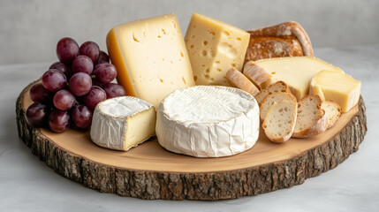 A wooden board with a variety of cheeses and fruits on it. The cheeses include feta, brie, and gouda, while the fruits include grapes and apples