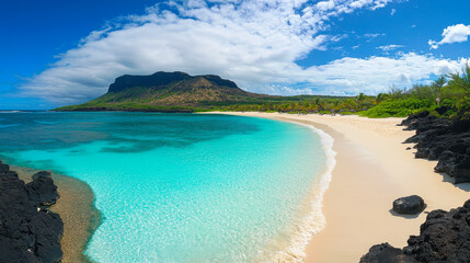 Obraz premium Paradise Beach Landscape with Crystal Clear Waters and Lush Backdrop in Mauritius Island