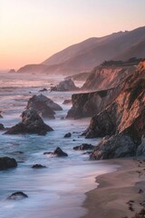 Long-exposure shot of water flowing down the rocks at golden hour, showcasing dramatic shapes and colors at a beach.