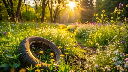 A discarded tire rests amidst a vibrant meadow, bathed in the warm glow of the setting sun, as wildflowers sway gently in the breeze.