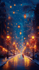 Fototapeta premium Enchanting City Christmas Night with Festive Lanterns and Snowy Street