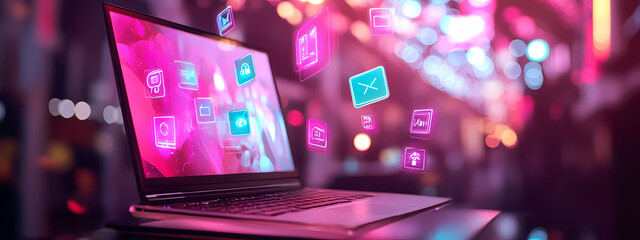 Fototapeta premium High-Tech Laptop with Floating Digital Services Icons
