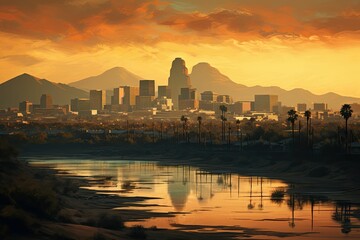 Fototapeta premium Sunset city skyline reflected in water.