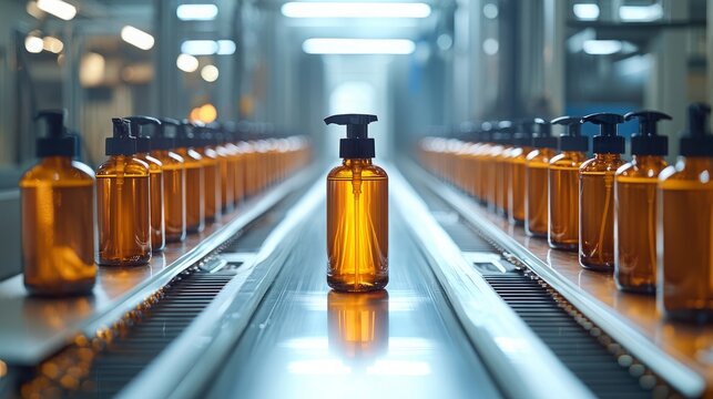 Amber bottles of liquid soap move along a conveyor belt in a factory setting, a common sight in the mass production of personal care products.