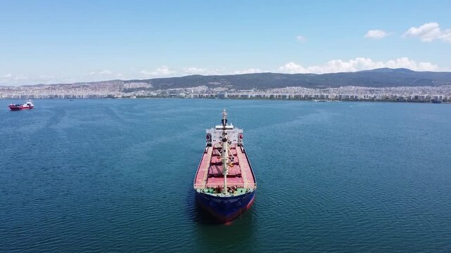 Reefer Cargo Ship in Thermaikos Gulf Thessaloniki Greece, Aerial Footage