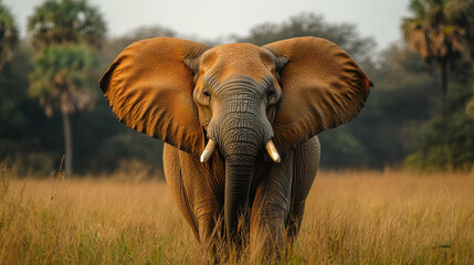 Fototapeta premium Majestic Elephant with Large Tusks in African Savanna - Symbol of Wildlife Strength and Majesty