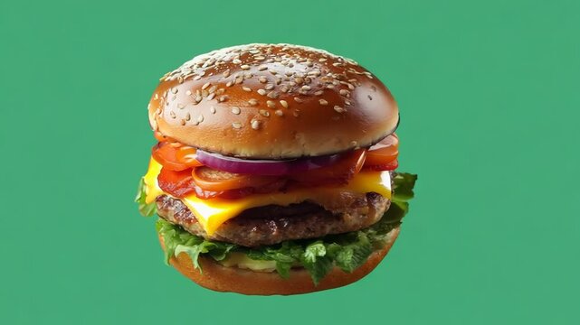 hamburger spinning motion on green screen, burger fast food rotating, generative ai