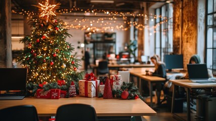 Fototapeta premium Festive workplace decorated for the holidays with Christmas tree, garlands, and gifts creating a cheerful office atmosphere
