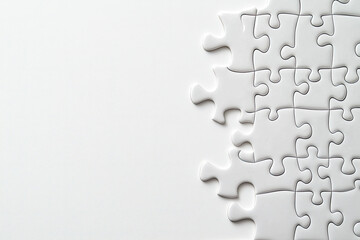 Obraz premium White jigsaw puzzle pieces against a white background, minimalistic design.