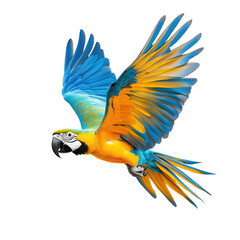 Fototapeta premium A vibrant parrot in flight showcasing beautiful blue and yellow feathers isolated on transparent background.