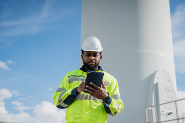 A man in a yellow and black safety vest is looking at a tablet. He is wearing a hard hat and safety...