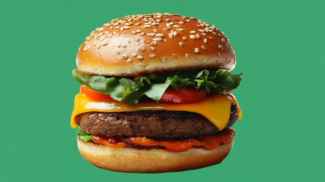 hamburger spinning motion on green screen, burger fast food rotating, generative ai