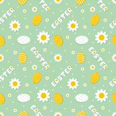Easter pattern of eggs and flowers on light green background. Yellow and white eggs, daisy flowers and Easter lettering. The pattern is playful and cheerful, evoking a sense of joy. Perfect for