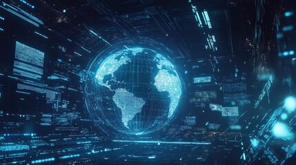 Obraz premium Futuristic digital landscape with a holographic representation of Earth connected by glowing network lines