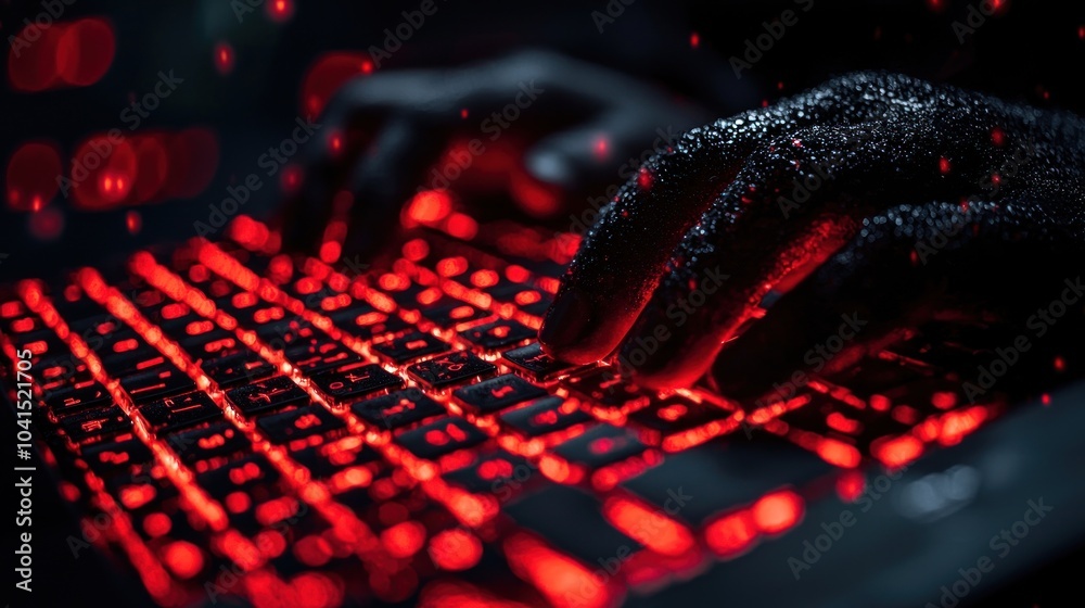 Aufkleber close-up of a wet hand typing on a red backlit keyboard