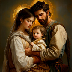 The painting depicts Mary, Joseph and the baby Jesus in a peaceful and holy scene, with Mary cradling Jesus in her arms and Joseph standing protectively by their side.AI generative. © Dar1930