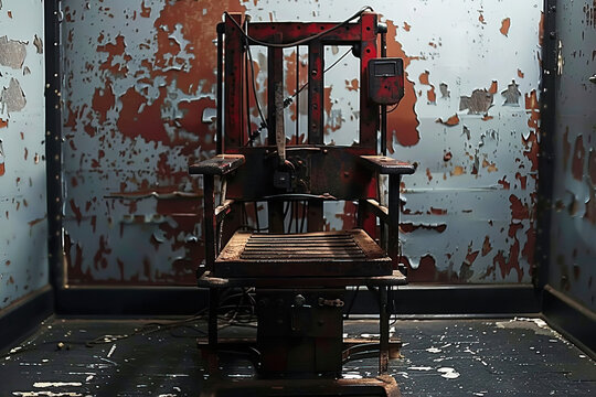 Historical electric chair in a dimly lit abandoned execution chamber showcasing decay and neglect