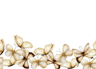 Fototapeta premium Seamless frame, border, banner with boho butterflies. Watercolor hand drawn beige insect clipart isolated on background. Botanical and wedding illustration. For designers, invitations, decoration
