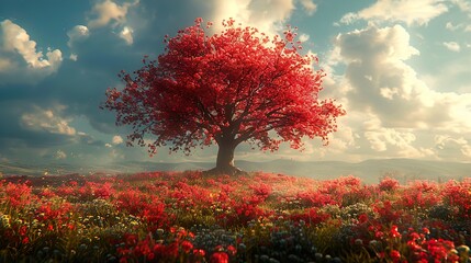 Red Tree in a Field of Flowers - Landscape Photography