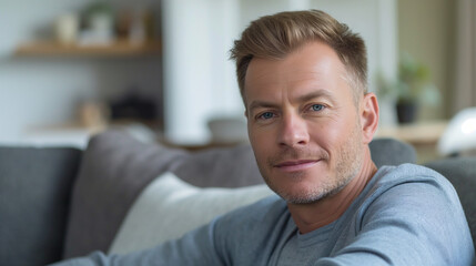 Obraz premium Middle-aged Caucasian man sitting comfortably on a sofa at home.