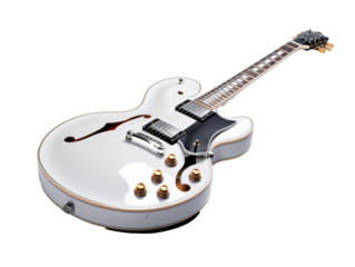 a white electric guitar with gold knobs