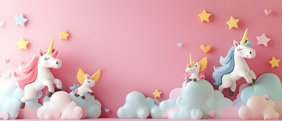Three Unicorns on Clouds with Stars and Hearts.