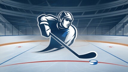 poster with an ice hockey player in motion with a helmet and a stick, background is a stadium with a rink. Illustration of hockey logo
