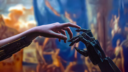 A human hand extends toward a mechanical hand, symbolizing the fusion of technology and humanity. The backdrop features vibrant artwork, creating an engaging atmosphere.