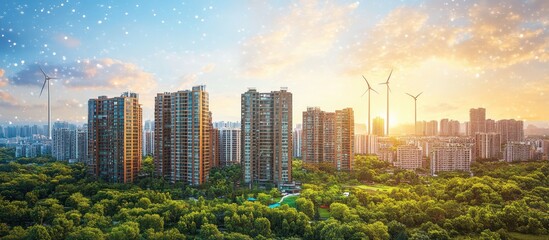Naklejka premium Modern city with tall buildings, surrounded by lush greenery, wind turbines, and a bright sky.