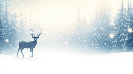 serene winter scene featuring silhouette of deer amidst softly falling snowflakes and misty forest backdrop. tranquil atmosphere evokes sense of peace and wonder