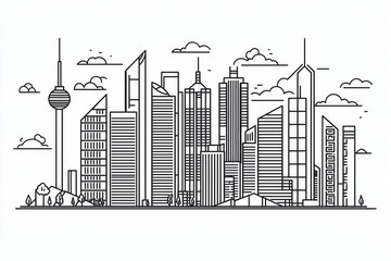 Obraz premium Vector line drawing of a city skyline on a white background, in a simple minimalistic style. 