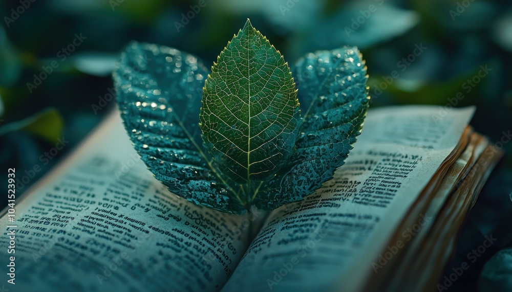 Poster A single green leaf resting on an open book with its pages filled with text
