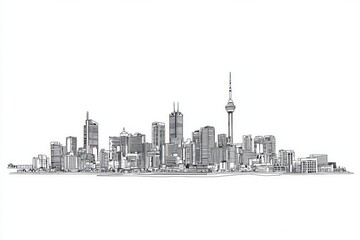 Fototapeta premium Vector line drawing of a city skyline on a white background, in a simple minimalistic style. 