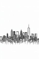 Fototapeta premium Vector line drawing of a city skyline on a white background, in a simple minimalistic style. 