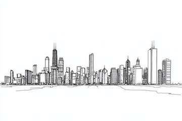 Vector line drawing of a city skyline on a white background, in a simple minimalistic style. 