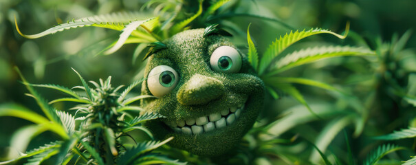 cannibis buds with a happy realistic face on a cannibis plant . AI generative.