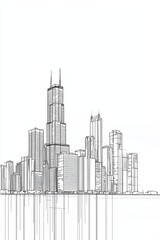 Vector line drawing of a city skyline on a white background, in a simple minimalistic style. 