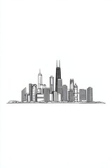 Fototapeta premium Vector line drawing of a city skyline on a white background, in a simple minimalistic style. 