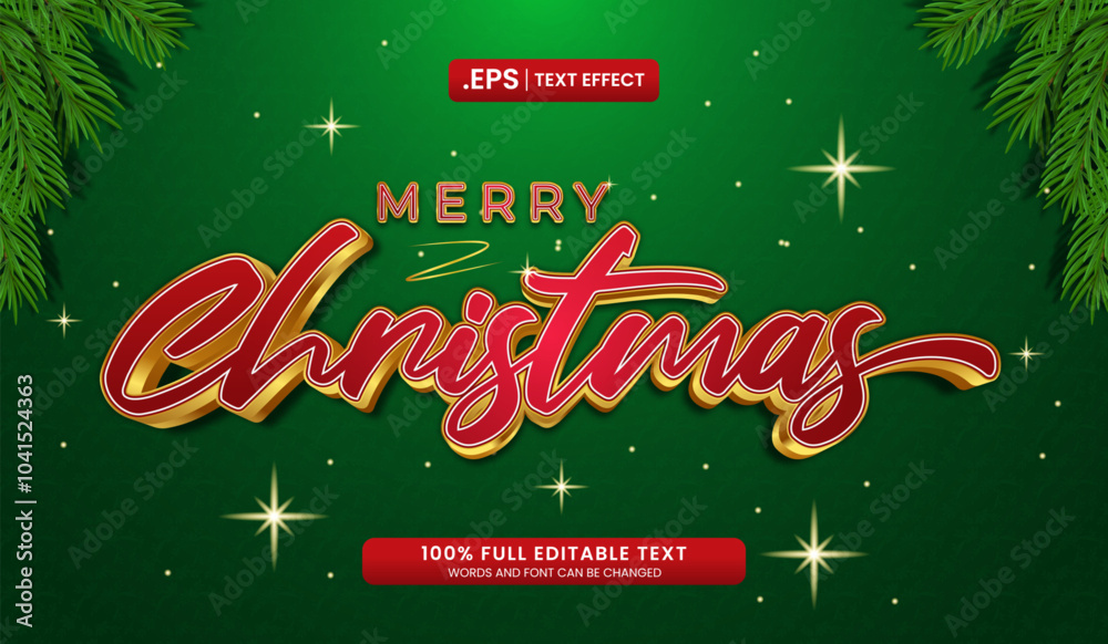 Sticker design green background with red and gold merry christmas text effect and pine branches. vector illu