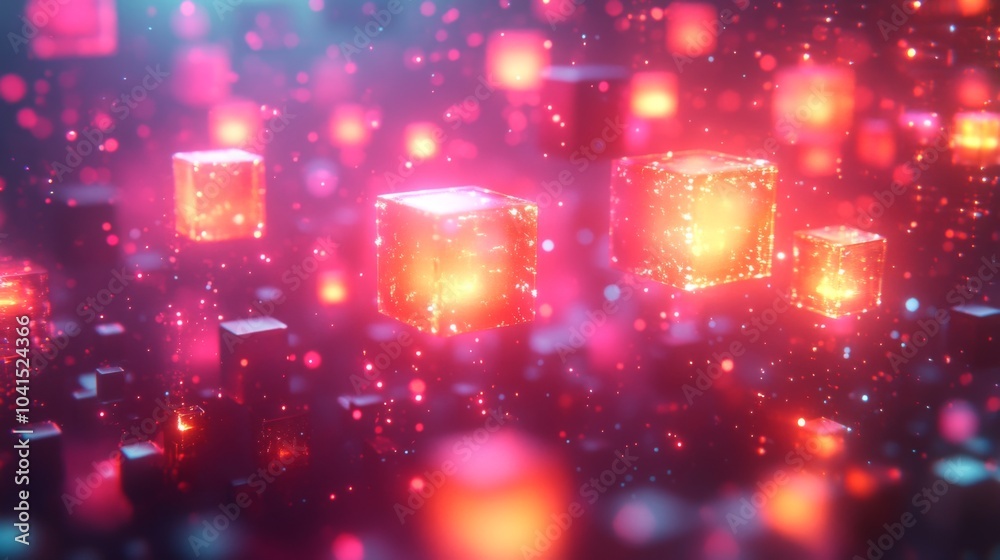 Poster Glowing cubes of various shapes and sizes hover in a dark, dynamic digital space, illuminated with vibrant reds and oranges, creating an engaging display of light and texture.