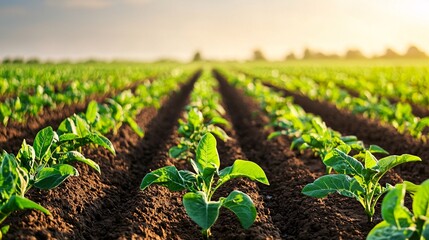Vibrant growth of young plants in a lush field under a radiant sunset sky a glimpse into nature's bounty and agricultural potential