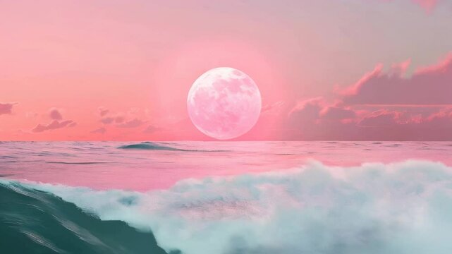 A glowing pink full moon rises above gentle ocean waves at sunset, creating a surreal and dreamlike coastal scene.