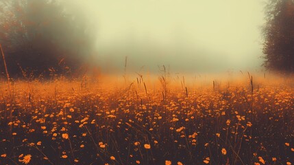 Foggy autumn field with soft mist covering the landscape, creating a peaceful and atmospheric scene perfect for nature and seasonal stock photography.