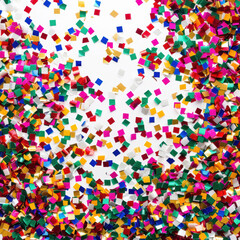 coloured confetti as a white New Year's background. AI generative.