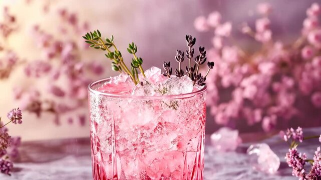 A pink cocktail garnished with lavender and thyme sits on a table, surrounded by delicate pink flowers