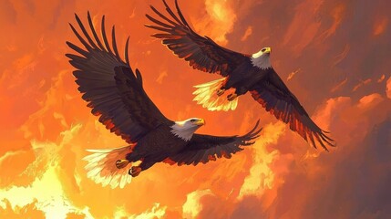 Fototapeta premium Majestic Eagles Flying in Warm Sunset Sky