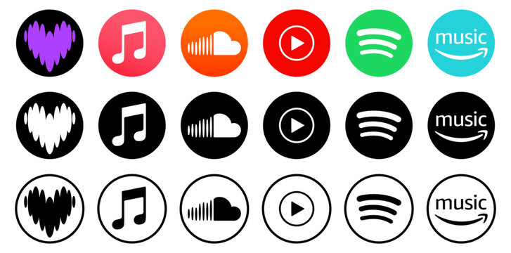 Apple music ,Deezer new logo, spotify,amazon music,apple podcast, youtube music, soundcloud, tidal, amazon music.Music streaming services logo set . Social media icon set. Vector
