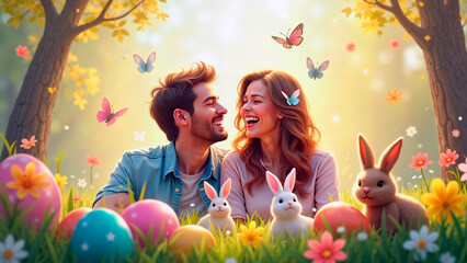 Fototapeta premium Joyful couple smiling and celebrating Easter in a vibrant floral meadow with colorful eggs and bunnies