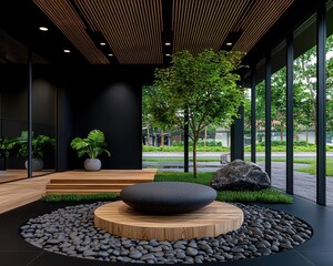 Obraz premium Modern interior featuring a serene rock garden, wooden elements, and lush greenery, creating a tranquil atmosphere for relaxation.